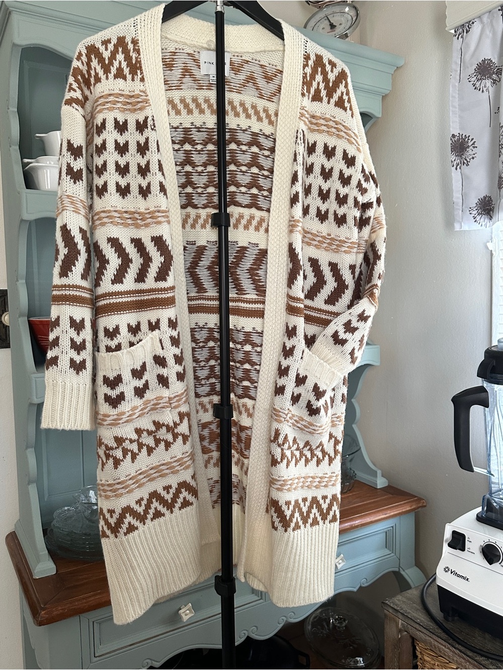 Pink Rose Cream and Brown Open-Front Patterned Cardigan